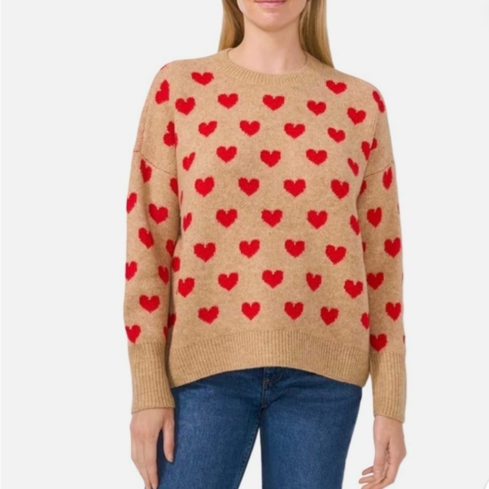 Vince Camuto Tan Sweater with Red Heart Pattern